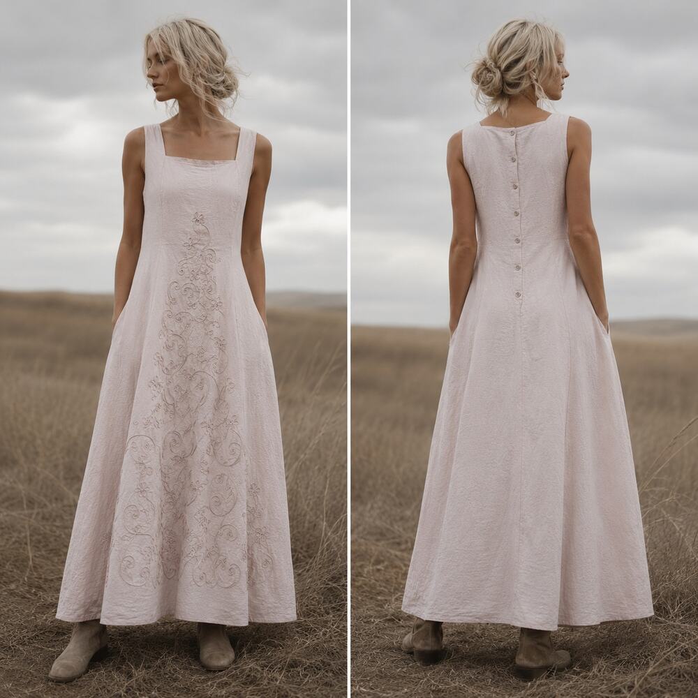Embroidered Whimsy Fairy Cotton Maxi Dress Romantic Cottage Bridal Renfaire M